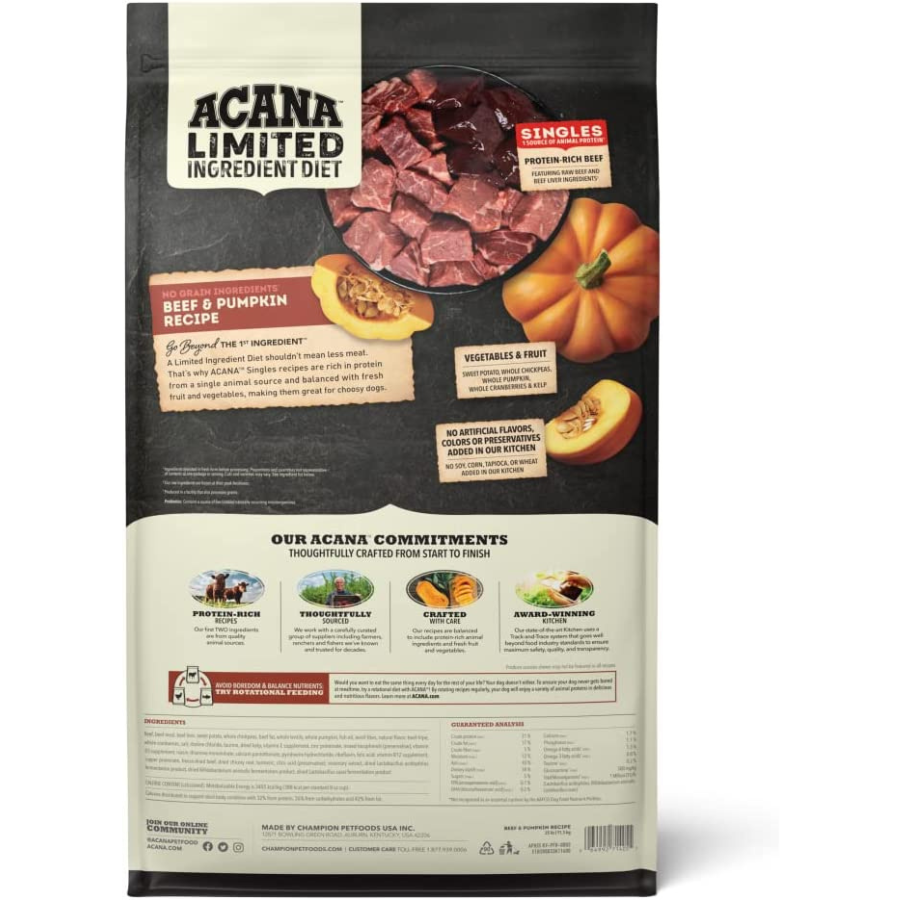 Back of the ACANA Limited Ingredient Diet Beef & Pumpkin dog food bag showing product description, ingredient highlights, brand commitments, feeding information, and guaranteed analysis.