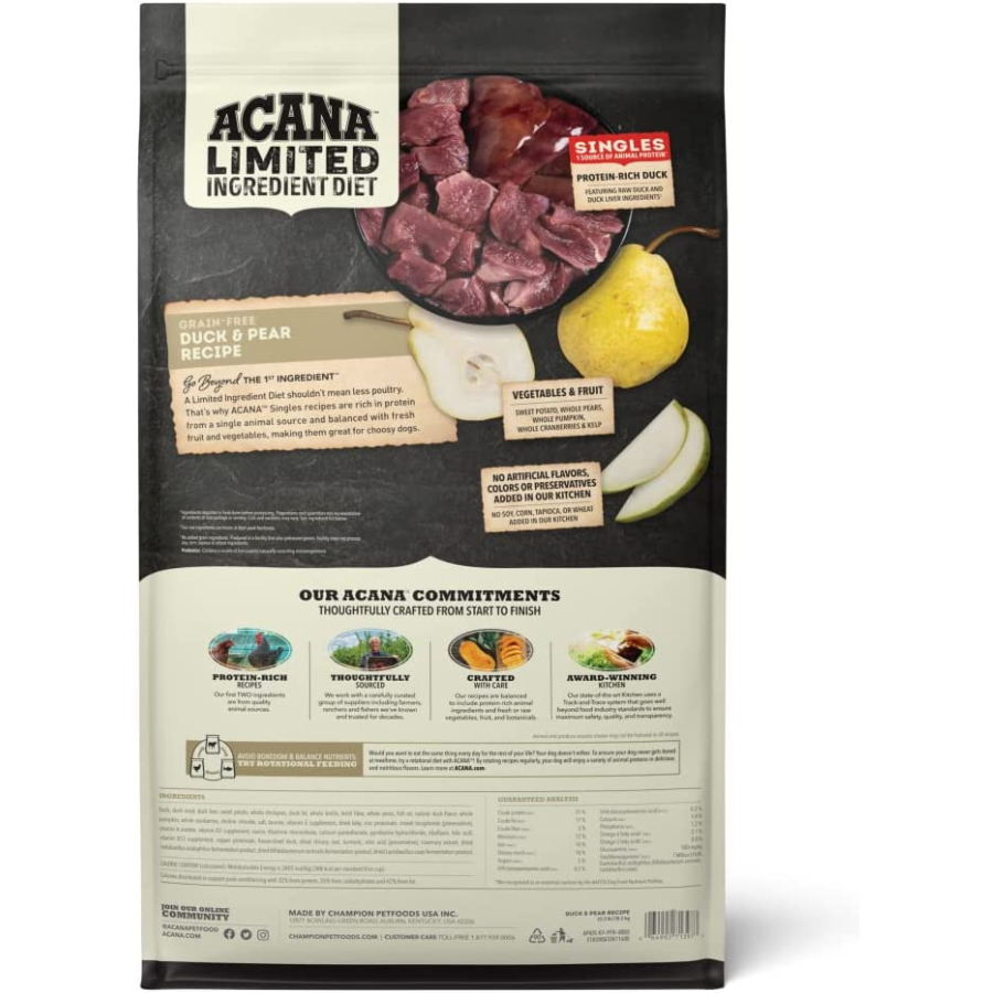 Back of an ACANA Limited Ingredient Diet Duck & Pear Recipe dog food bag showing product description, ingredient highlights, brand commitments, and nutritional information sections.