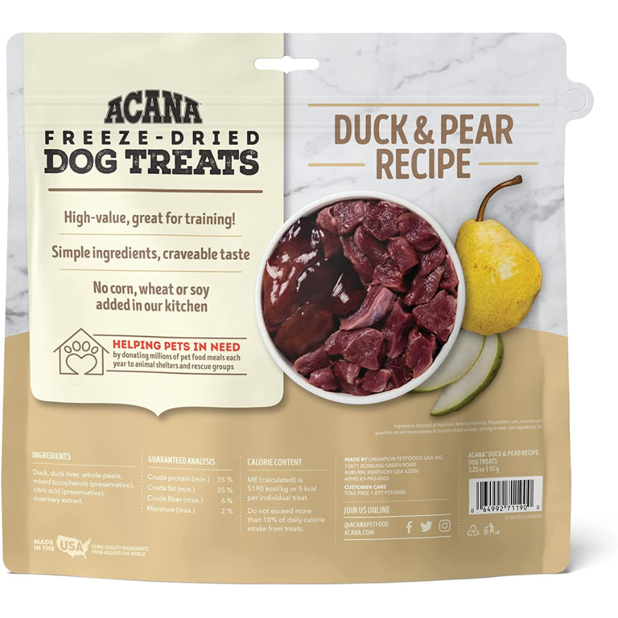 The back of the duck and pear treat packaging, detailing the high-protein analysis (35% crude protein), the short ingredient list (duck, duck liver, pears), and a note about donating meals to animal shelters.