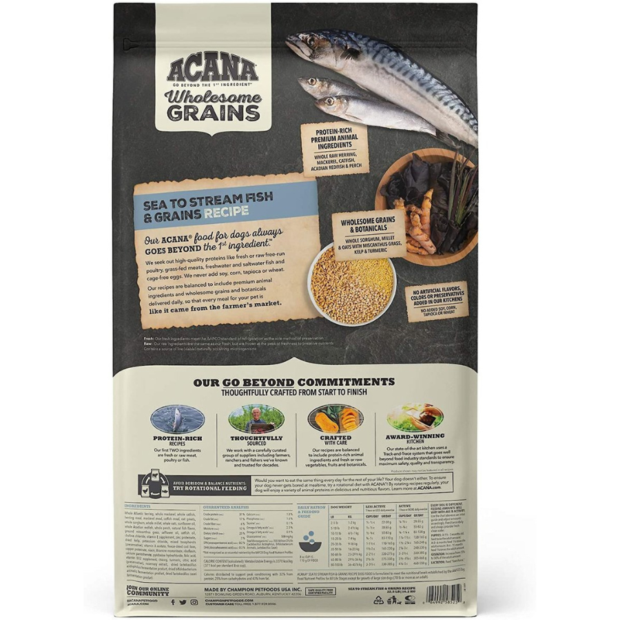 Back of the ACANA Wholesome Grains Sea to Stream dry dog food bag showing product description, ingredient highlights, feeding information, guaranteed analysis, and brand commitments.