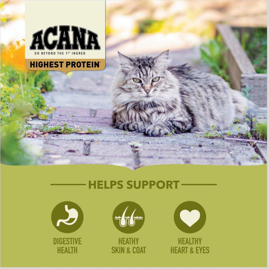 A long-haired cat lying on a stone path outdoors with ACANA Highest Protein branding and icons indicating support for digestive health, healthy skin and coat, and healthy heart and eyes.