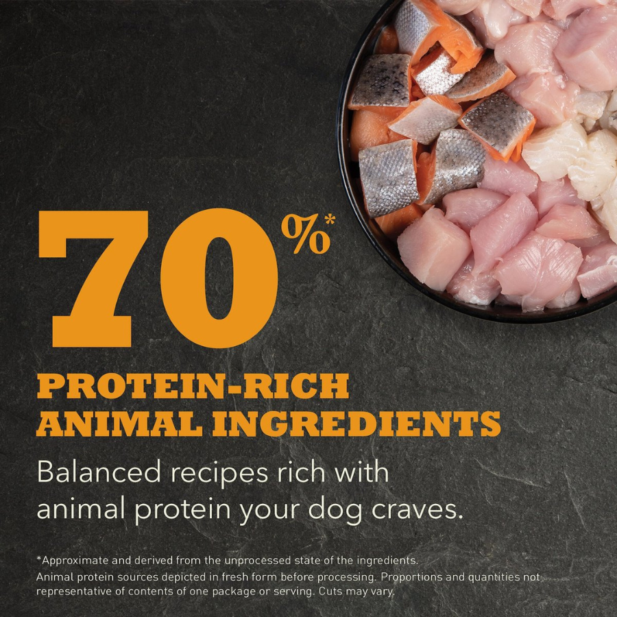 Close-up image of a bowl filled with raw cubed poultry and fish with large text reading “70% protein-rich animal ingredients,” emphasizing high animal-protein content.
