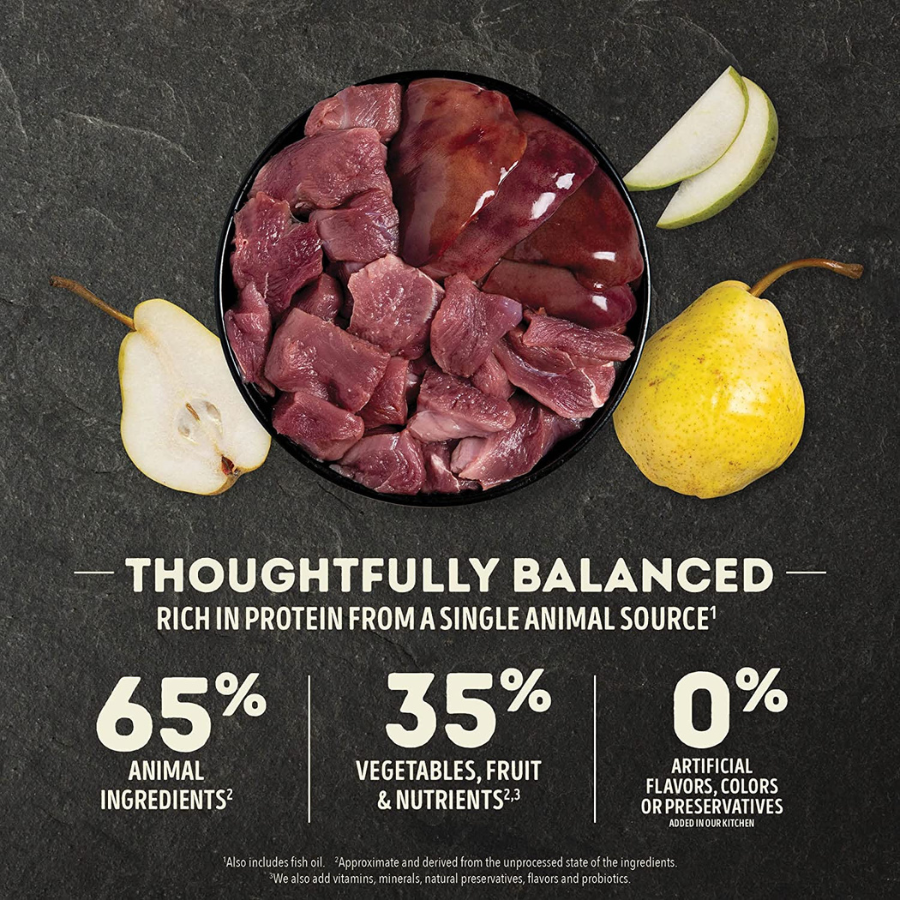 Overhead view of a black bowl filled with raw duck meat pieces and duck liver, surrounded by whole and sliced pears on a dark surface. Text highlights a thoughtfully balanced recipe rich in protein from a single animal source.