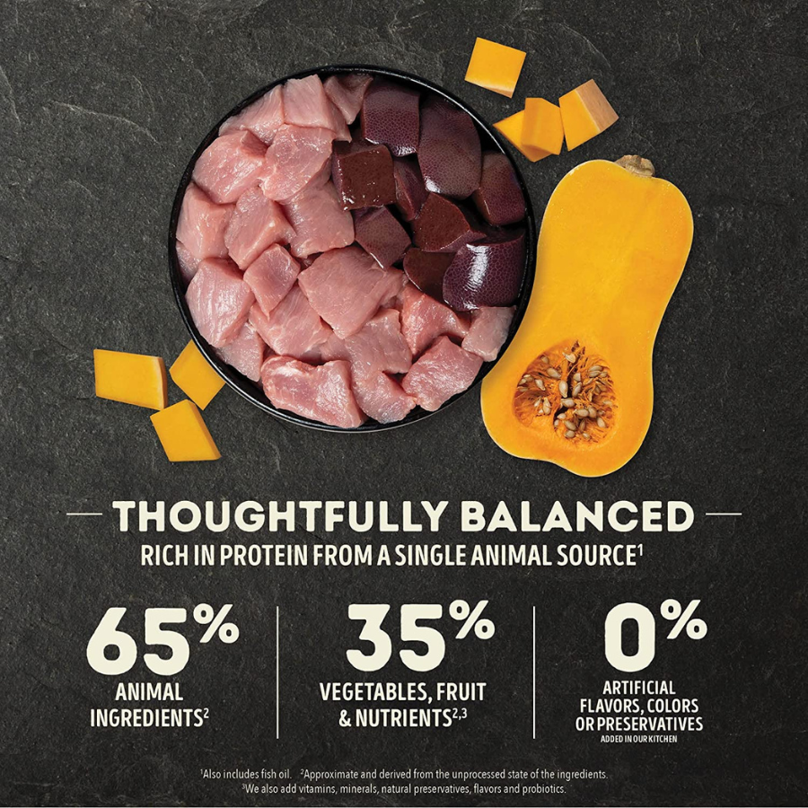 Ingredient showcase image with a bowl of raw pork pieces and pork liver beside sliced yellow squash on a dark stone background, emphasizing a single animal protein source and fresh produce.
