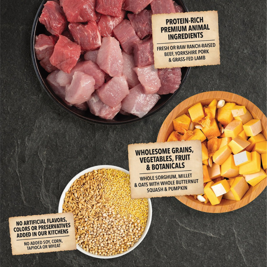 A top-down collage of the recipe's fresh ingredients. It shows three separate bowls containing raw cubed red meats (beef, pork, and lamb), whole grains (sorghum, millet, and oats), and chopped butternut squash and pumpkin.