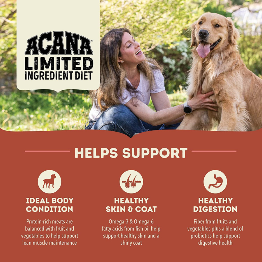 A woman kneels outdoors smiling at a golden retriever while petting the dog. Text reads “ACANA Limited Ingredient Diet.” Icons below indicate support for ideal body condition, healthy skin and coat, and healthy digestion.