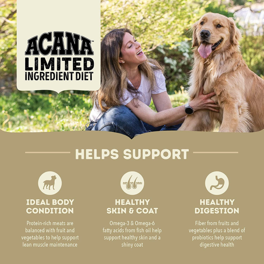 A woman kneels outdoors petting a golden retriever. Text reads “ACANA Limited Ingredient Diet” and “Helps support,” followed by icons for ideal body condition, healthy skin and coat, and healthy digestion.