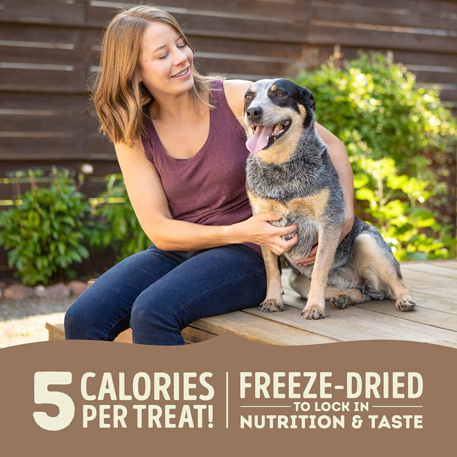 A lifestyle photo of a woman sitting on a wooden deck with a blue heeler-type dog. A brown banner at the bottom advertises "5 Calories Per Treat!" and mentions they are freeze-dried to lock in nutrition.