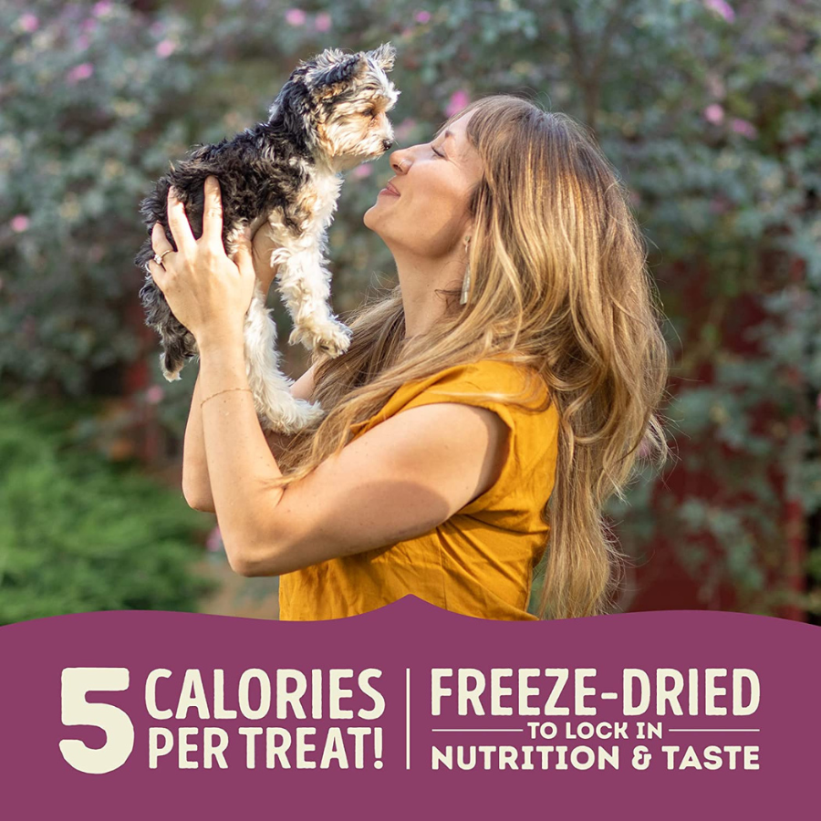 A lifestyle image featuring a woman with long hair holding a small, fluffy black-and-white puppy up to her face in a garden setting. A purple banner at the bottom contains white text stating: "5 CALORIES PER TREAT!" and "FREEZE-DRIED TO LOCK IN NUTRITION & TASTE."