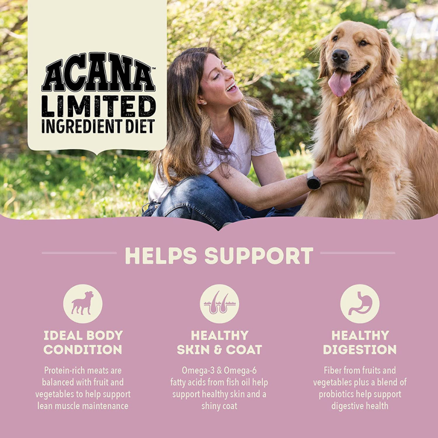 A woman kneels outdoors petting a golden retriever. Text reads “ACANA Limited Ingredient Diet” and “Helps support,” with icons for ideal body condition, healthy skin and coat, and healthy digestion.