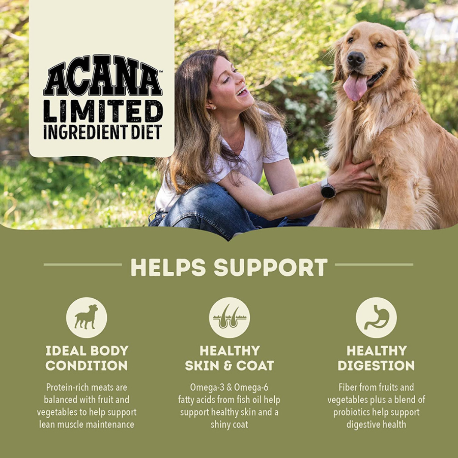 Lifestyle image of a woman kneeling outdoors and smiling at a golden retriever, with ACANA Limited Ingredient Diet branding and icons highlighting ideal body condition, healthy skin and coat, and healthy digestion.