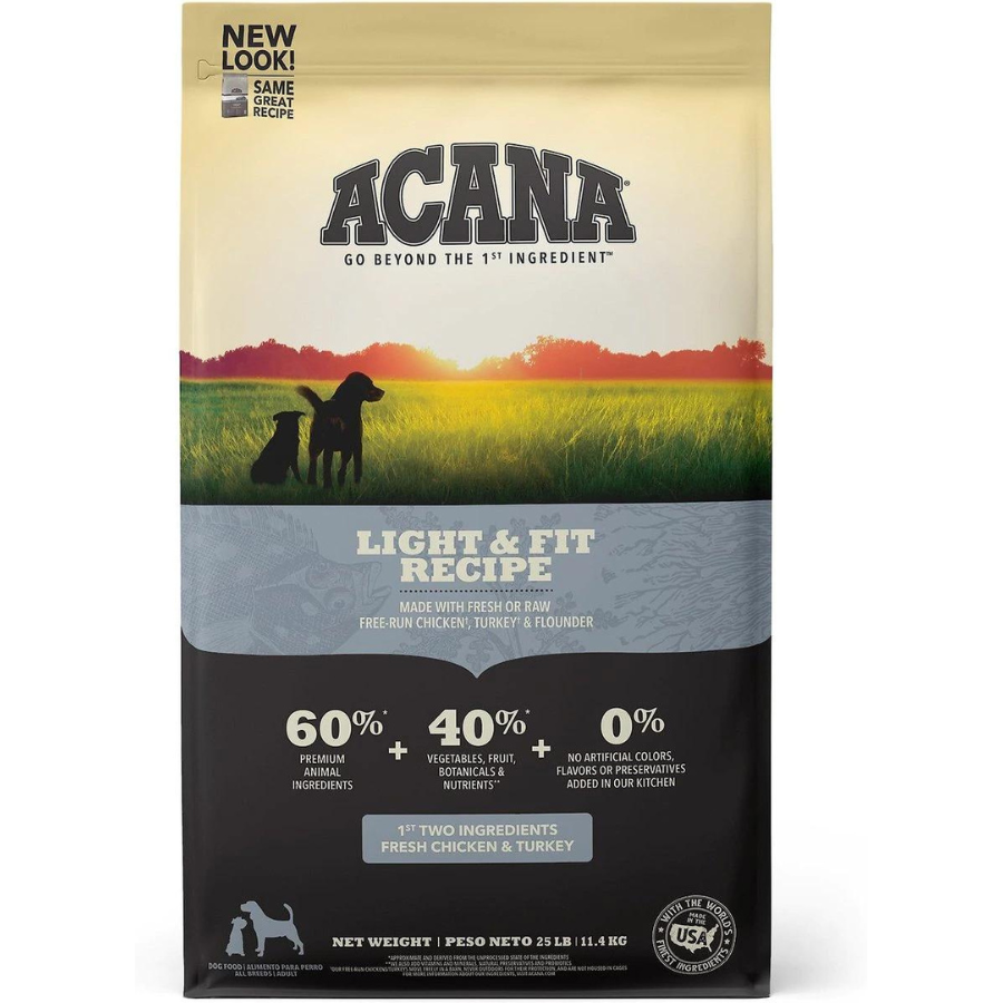 Front view of the ACANA Light & Fit Recipe dog food bag featuring a sunset field scene with dogs, text stating “60% animal ingredients, 40% vegetables, fruit & botanicals, 0% artificial flavors, colors or preservatives,” and a note that the first two ingredients are fresh chicken and turkey.