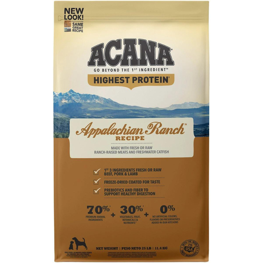 Front of the ACANA Appalachian Ranch Grain-Free dog food bag featuring a mountain landscape, the product name “Appalachian Ranch Recipe,” text noting fresh or raw beef, pork, and lamb, and percentages showing 70% animal ingredients, 30% vegetables, fruit, and botanicals, and 0% artificial flavors, colors, or preservatives.