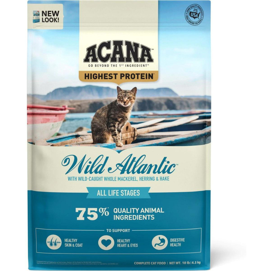 ACANA “Highest Protein” Wild Atlantic cat food bag featuring a cat on a dock by the ocean; text highlights “All Life Stages” and “75% quality animal ingredients,” with health benefit icons.