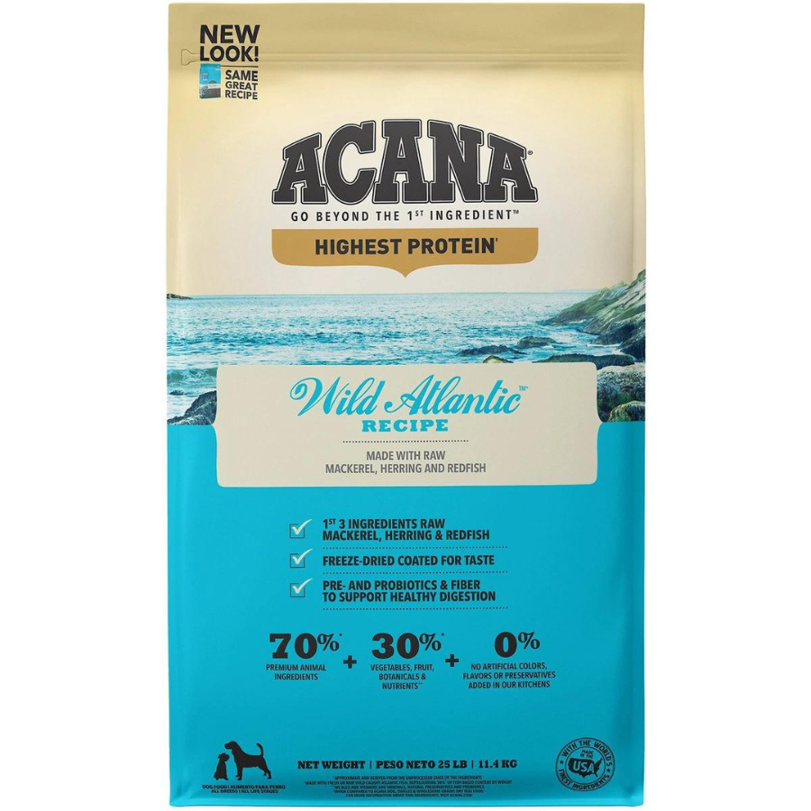 Front of the ACANA Wild Atlantic Grain-Free dog food bag featuring ocean imagery, the product name “Wild Atlantic Recipe,” text noting raw mackerel, herring, and redfish, and percentages showing 70% animal ingredients, 30% vegetables, fruit, and botanicals, and 0% artificial flavors, colors, or preservatives.