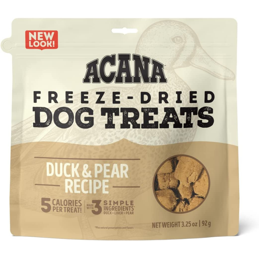 The front of the "Duck & Pear Recipe" freeze-dried treats bag, showing a sketch of a duck and a small window at the bottom revealing the actual treats inside.