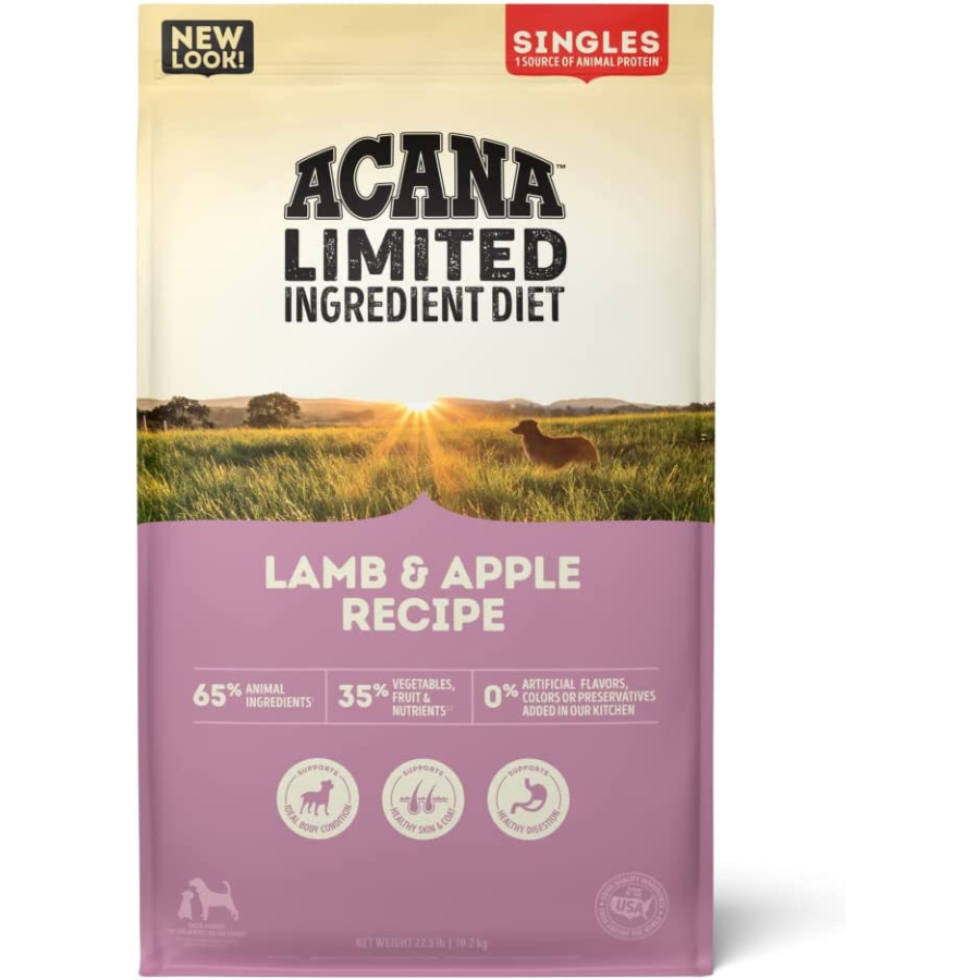 Front view of the ACANA Limited Ingredient Diet Lamb & Apple Recipe dog food bag featuring a field landscape with a dog silhouette and text stating 65% animal ingredients, 35% fruits and vegetables, and 0% artificial flavors, colors, or preservatives.