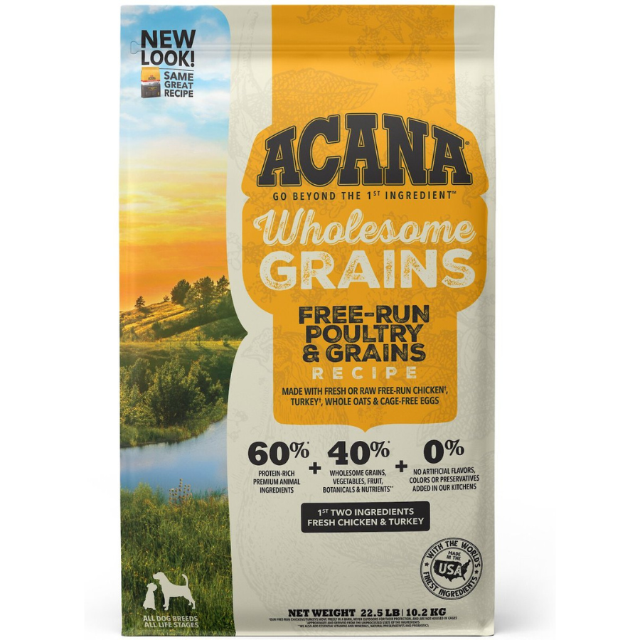 The front of the Acana Wholesome Grains "Free-Run Poultry & Grains Recipe" bag, featuring a landscape at sunset. It notes the formula is 60% premium animal ingredients and 40% grains, vegetables, and botanicals, with the first two ingredients being fresh chicken and turkey.