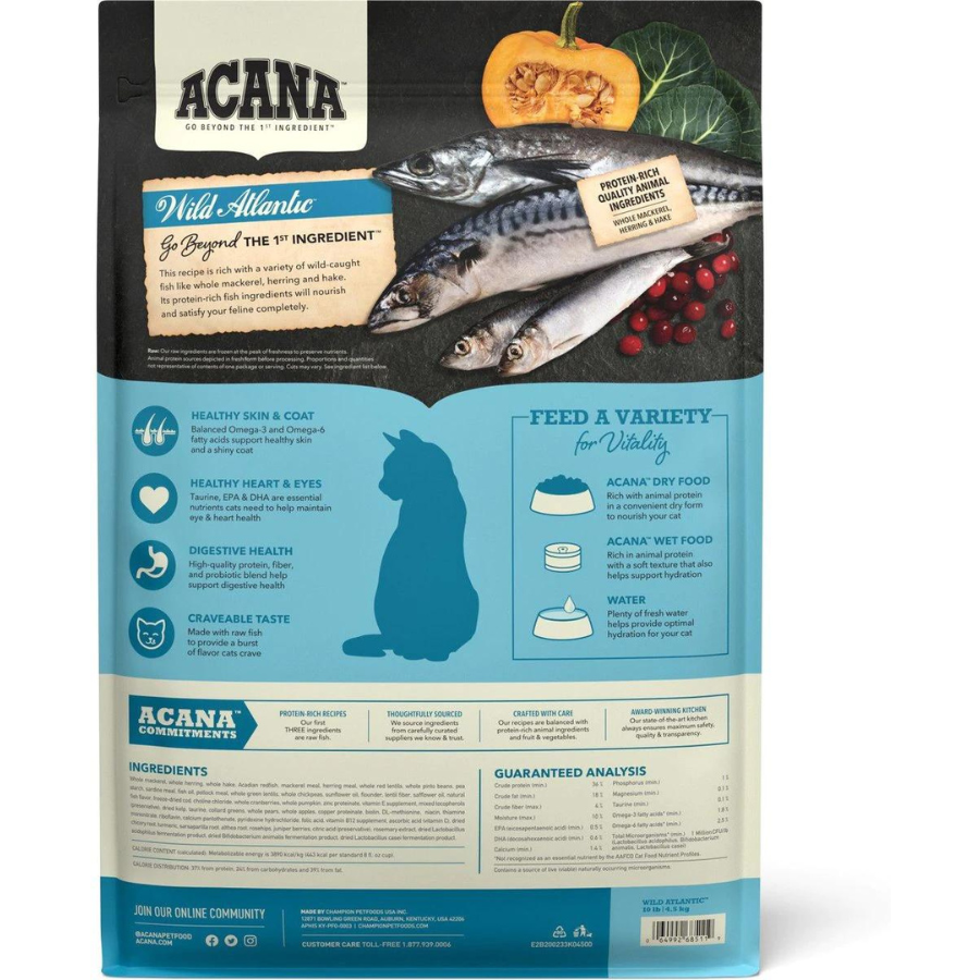 Rear packaging of ACANA Wild Atlantic cat food showing ingredient imagery with whole fish, sections describing health benefits, feeding variety guidance, ingredient list, and guaranteed analysis.
